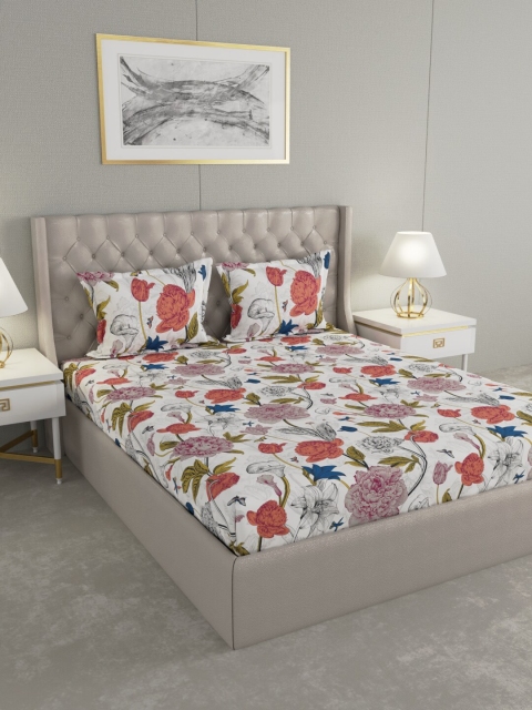 

BLUSH Orange Floral Printed 144 TC Queen Bedsheet with 2 Pillow Covers