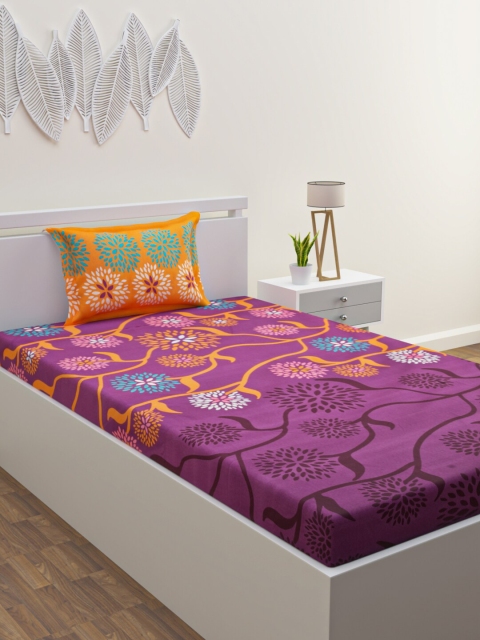 

BLUSH Purple & Yellow Floral Printed 120 TC Single Bedsheet with 1 Pillow Covers