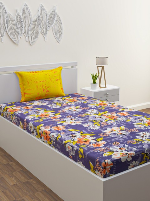 

BLUSH Navy Blue & Yellow Floral Printed 120 TC Single Bedsheet with 1 Pillow Covers