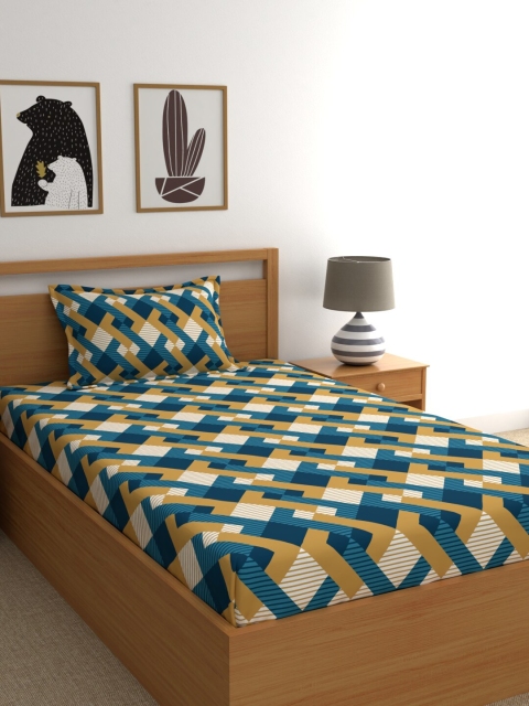 

BLUSH Blue Geometric Printed 120 TC Single Bedsheet with 1 Pillow Covers