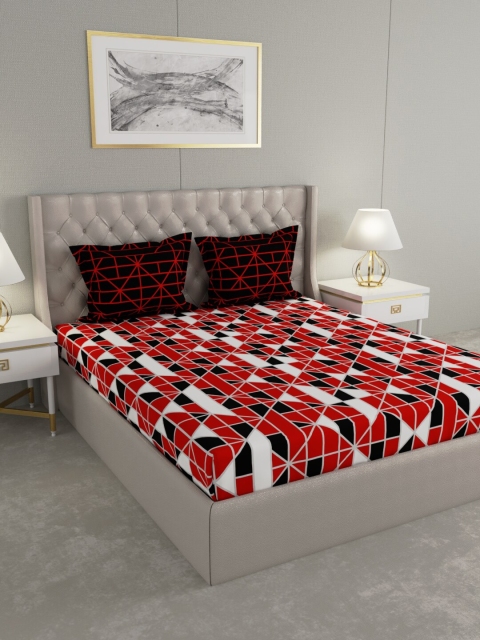 

BLUSH Red & Black Geometric Printed 120 TC Queen Bedsheet with 2 Pillow Covers