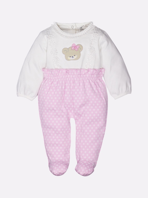 

BABY GO Infant Girls Pink & White Floral Embroidered Pure Cotton Bodysuit