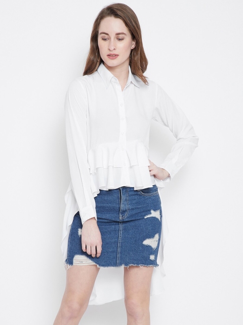 

Berrylush White Crepe Shirt Style Longline Top