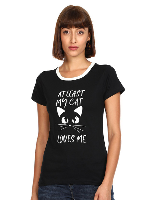 

Sugr Women Black Typography Printed Raw Edge T-shirt