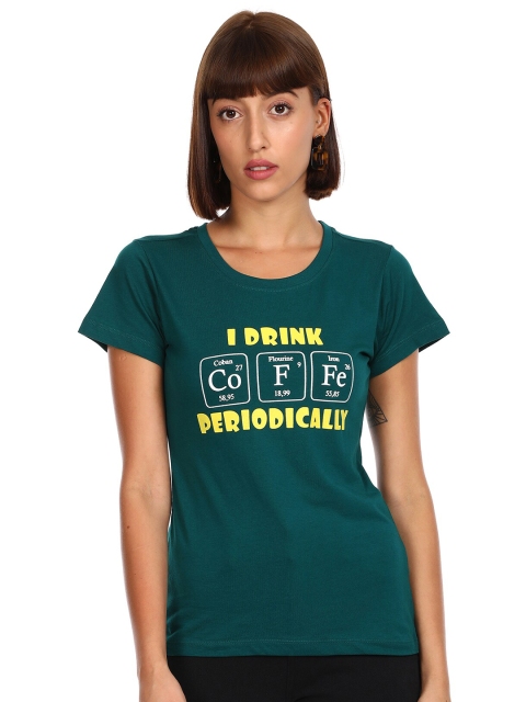 Sugr Women Teal Green & Yellow Typography Printed T-shirt