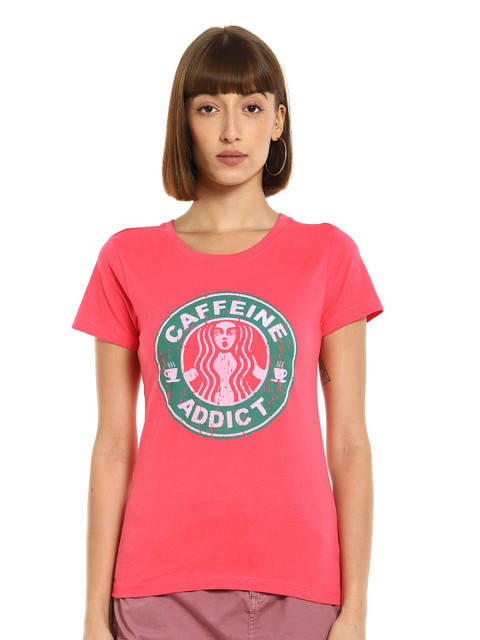 

Sugr Women Pink & Green Typography Printed T-shirt