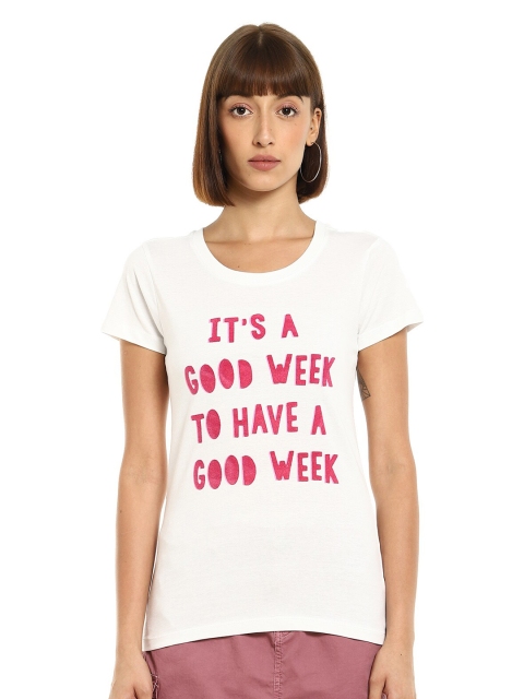 

Sugr Women Off White & Pink Typography Printed T-shirt