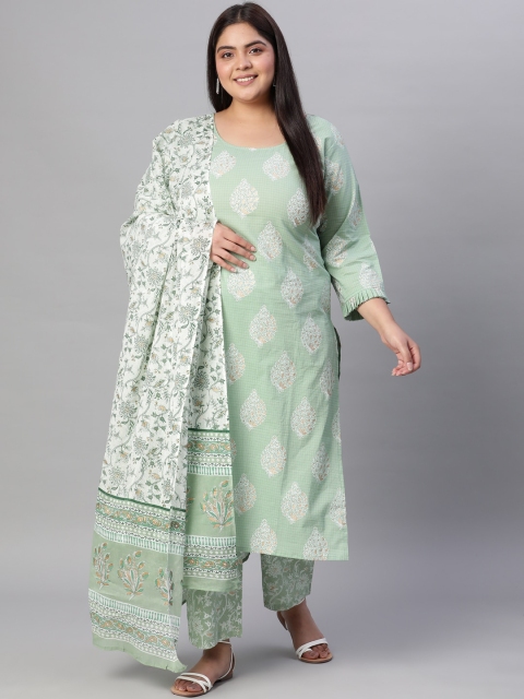 

Nayo Women Green Floral Printed Regular Pure Cotton Kurta with Trousers & With Dupatta