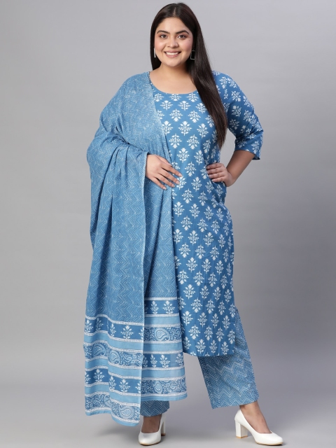 

Nayo Women Blue Floral Printed Regular Pure Cotton Kurta with Trousers & With Dupatta
