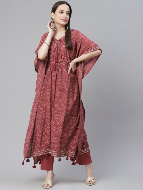 

Divena Women Maroon Bandhani Printed Regular Gotta Patti Kurta with Trousers