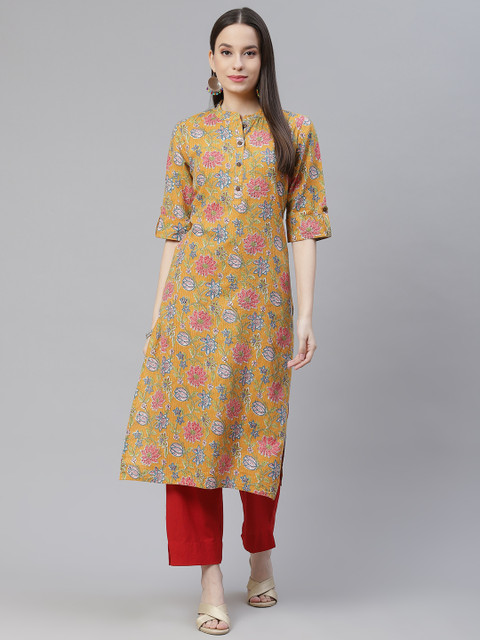

Divena Women Mustard Yellow & Pink Floral Printed Floral Kurta