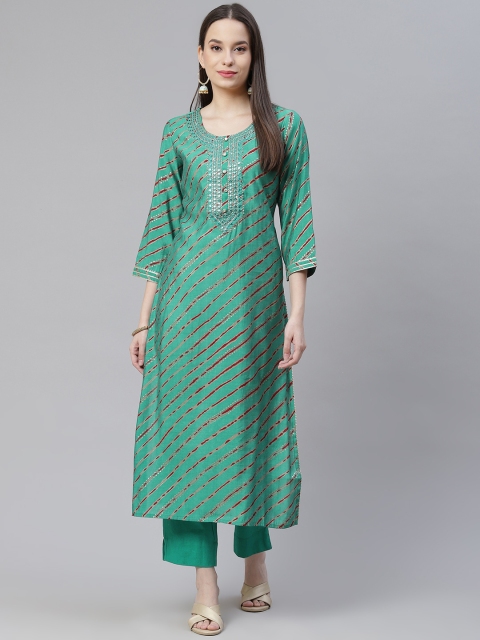 

Divena Women Green Leheriya Printed Regular Mirror Work Kurta with Trousers