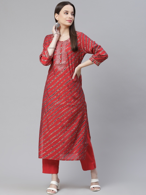 

Divena Women Red Leheriya Printed Regular Mirror Work Kurta with Trousers
