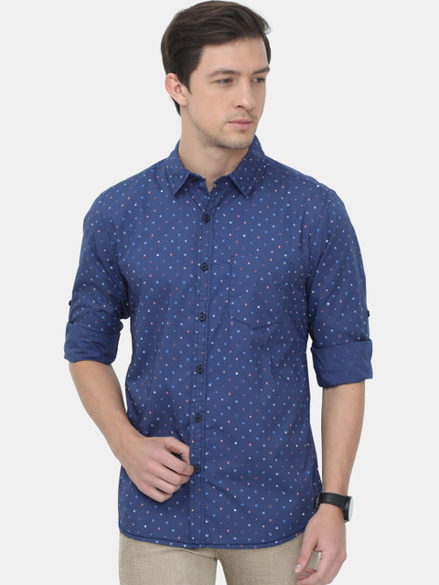 

HERE&NOW Men Blue Slim Fit Opaque Printed Cotton Casual Shirt