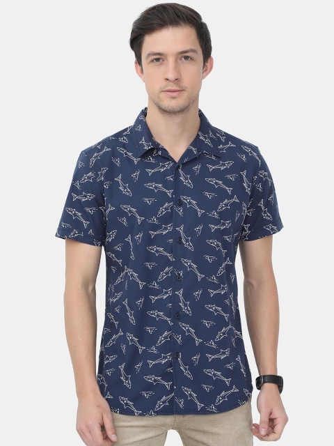 

HERE&NOW Men Navy Blue Slim Fit Opaque Printed Cotton Casual Shirt