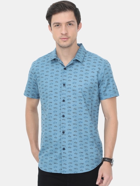 

HERE&NOW Men Blue Slim Fit Opaque Printed Cotton Casual Shirt