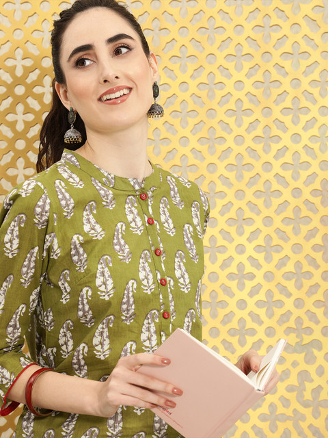 

Ode by House of Pataudi Women Green & White Printed Rozana Kurta