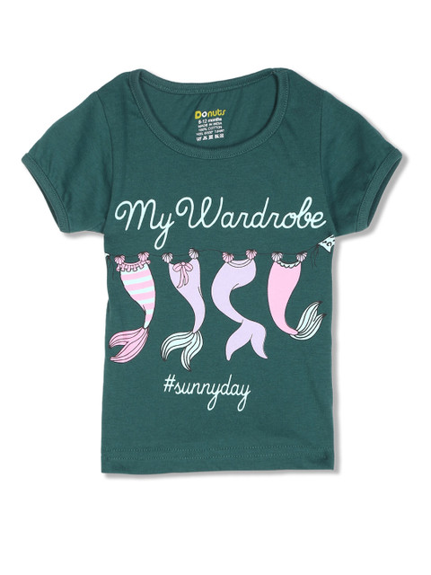 

Donuts Girls Green Round Neck Cotton Printed T-shirt