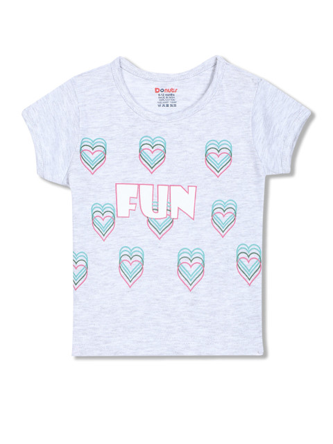 

Donuts Girls Grey Melange & Green Printed T-shirt