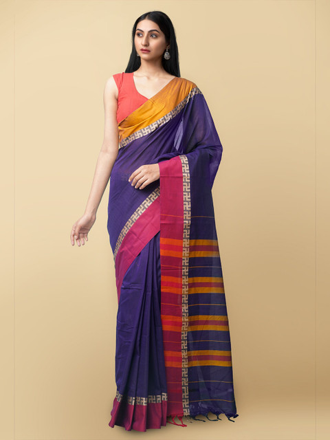 

Unnati Silks Navy Blue & Pink Striped Pure Cotton Narayan Peth Handloom Saree