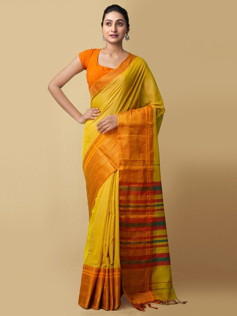 

Unnati Silks Green & Yellow Zari Pure Cotton Narayan Peth Handloom Saree