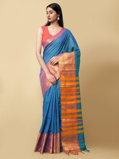 

Unnati Silks Blue & Orange Woven Design Zari Pure Cotton Narayan Peth Handloom Saree