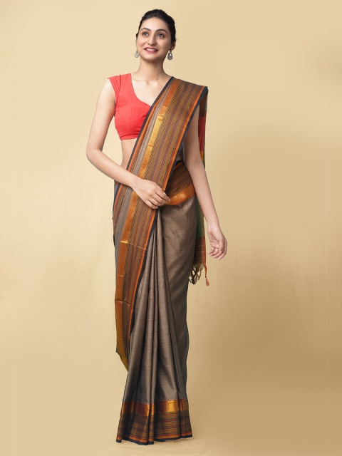 

Unnati Silks Brown & Yellow Woven Design Zari Pure Cotton Narayan Peth Handloom Saree