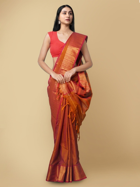 

Unnati Silks Orange & Pink Zari Pure Cotton Narayan Peth Handloom Saree