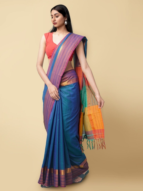 

Unnati Silks Blue & Yellow Zari Pure Cotton Narayan Peth Handloom Saree