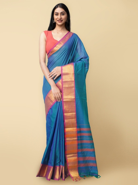 

Unnati Silks Blue & Pink Woven Design Zari Pure Cotton Narayan Peth Handloom Saree