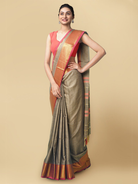 

Unnati Silks Brown & Pink Zari Pure Cotton Narayan Peth Handloom Saree