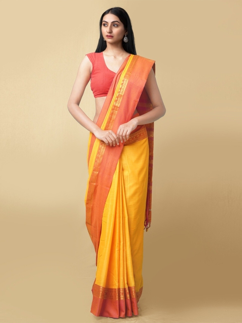 

Unnati Silks Yellow & Red Zari Pure Cotton Narayan Peth Handloom Saree