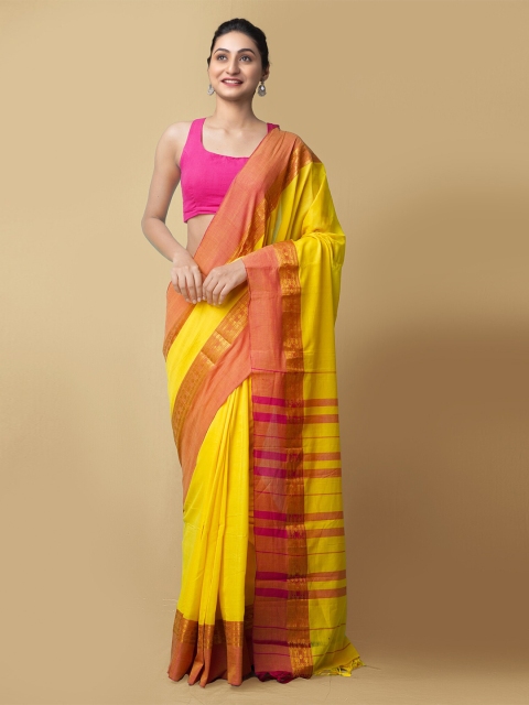 

Unnati Silks Yellow & Pink Zari Pure Cotton Narayan Peth Handloom Saree