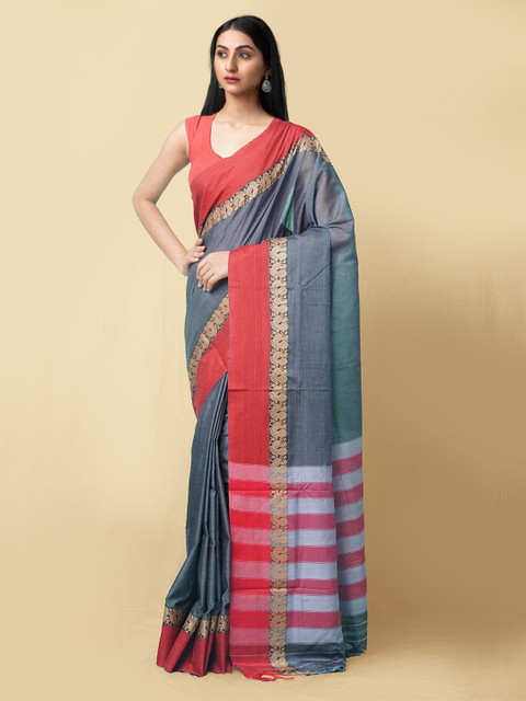 

Unnati Silks Women Grey & Red Pure Handloom Narayanpet Cotton Sustainable Saree