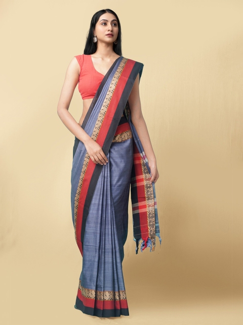 

Unnati Silks Grey & Red Woven Design Zari Pure Cotton Narayan Peth Handloom Saree