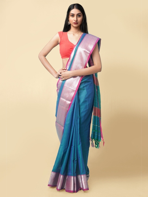 

Unnati Silks Blue & Pink Zari Pure Cotton Narayan Peth Handloom Saree