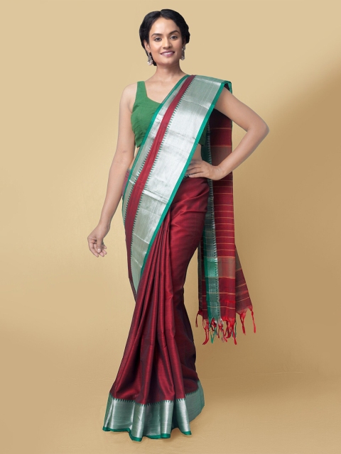 

Unnati Silks Maroon & Sea Green Zari Pure Cotton Narayan Peth Handloom Saree