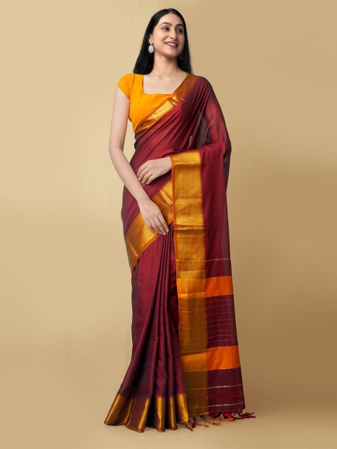 

Unnati Silks Maroon & Orange Zari Pure Cotton Narayan Peth Handloom Saree