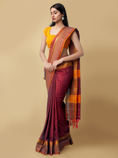 

Unnati Silks Maroon & Mustard Zari Pure Cotton Narayan Peth Handloom Saree