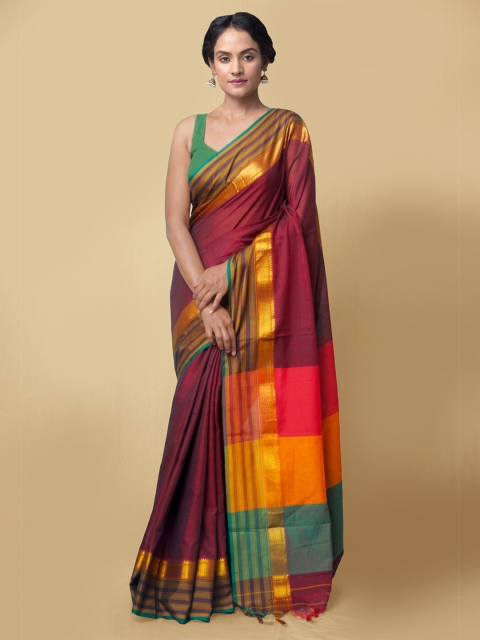 

Unnati Silks Maroon & Grey Zari Pure Cotton Narayan Peth Handloom Saree