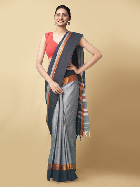 

Unnati Silks Women Grey & Gold-Toned Pure Handloom Narayanpet Cotton Sustainable Saree