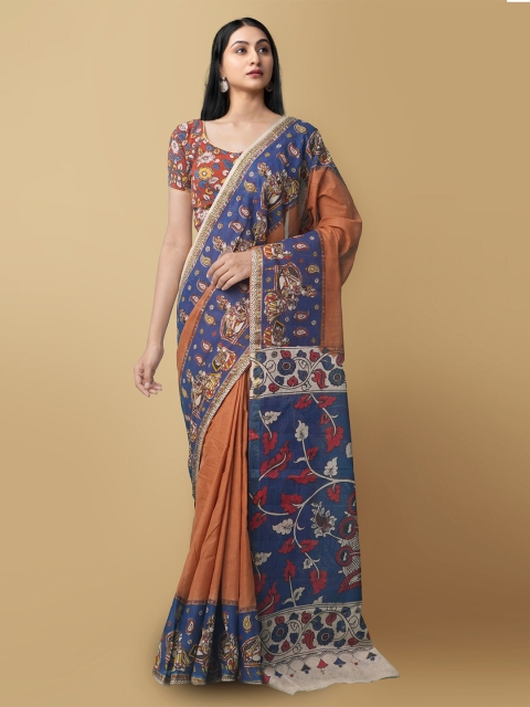 

Unnati Silks Brown & Blue Kalamkari Pure Cotton Kanjeevaram Handloom Saree