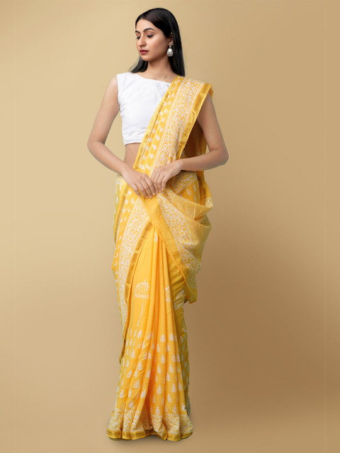 

Unnati Silks Women Yellow & White Pure Preet Block Printed Mulmul Cotton Sustainable Saree