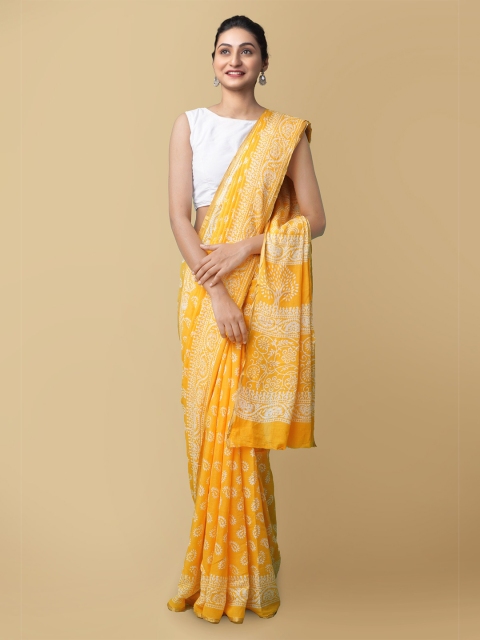 

Unnati Silks Women Yellow & White Pure Preet Block Printed Mulmul Cotton Sustainable Saree