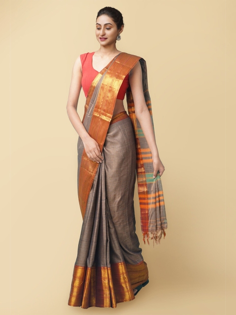 

Unnati Silks Brown & Gold-Toned Zari Pure Cotton Narayan Peth Handloom Saree