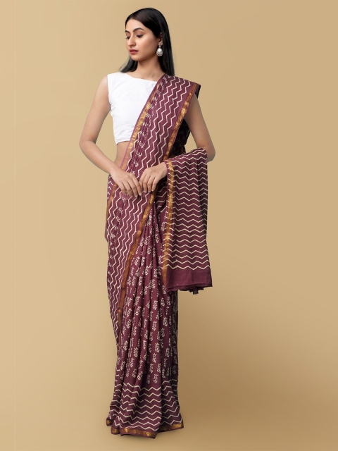 

Unnati Silks Burgundy & White Floral Zari Pure Cotton Block Print Handloom Saree