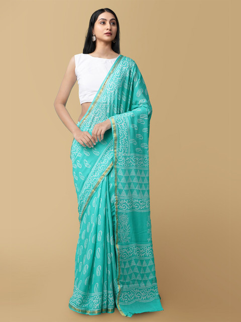 

Unnati Silks Sea Green & White Ethnic Motifs Zari Pure Cotton Block Print Handloom Saree
