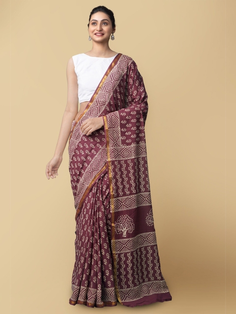 

Unnati Silks Burgundy & White Floral Zari Pure Cotton Block Print Handloom Saree