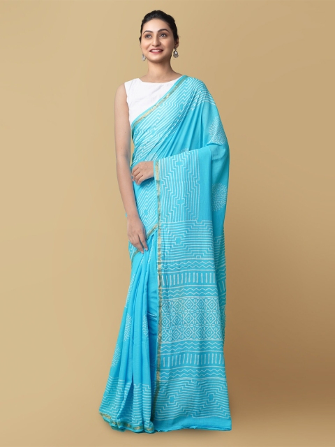 

Unnati Silks Turquoise Blue & White Zari Pure Cotton Block Print Handloom Saree