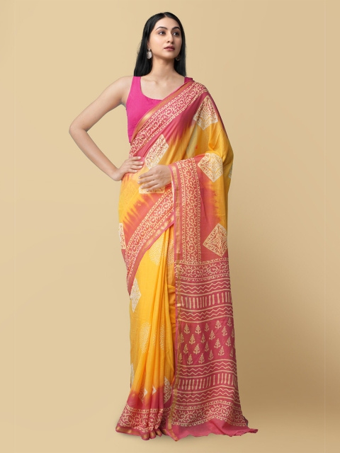 

Unnati Silks Yellow & Red Floral Zari Pure Cotton Block Print Saree
